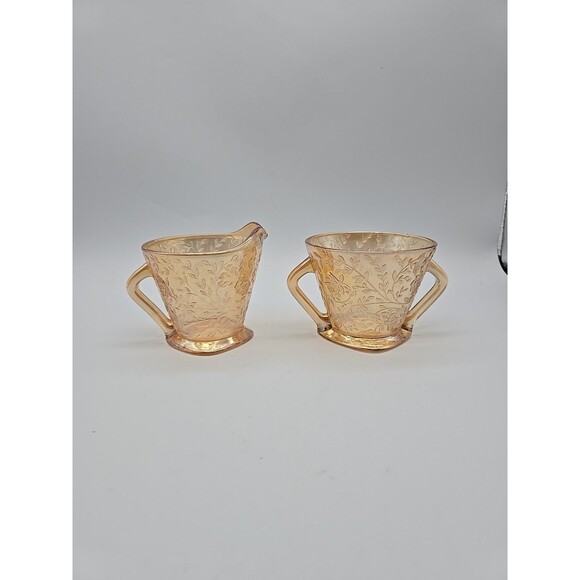 Vintage Jeannette Glass Floragold Louisa Sugar & Creamer Set Iridescent Carnival - Picture 3 of 9